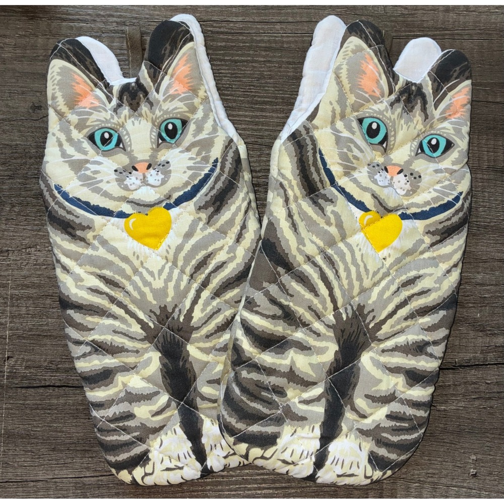 Tabby Cat Oven Mitts Set 2 Quilted Cotton Kitten Kitchen Pot Holder Cottagecore
